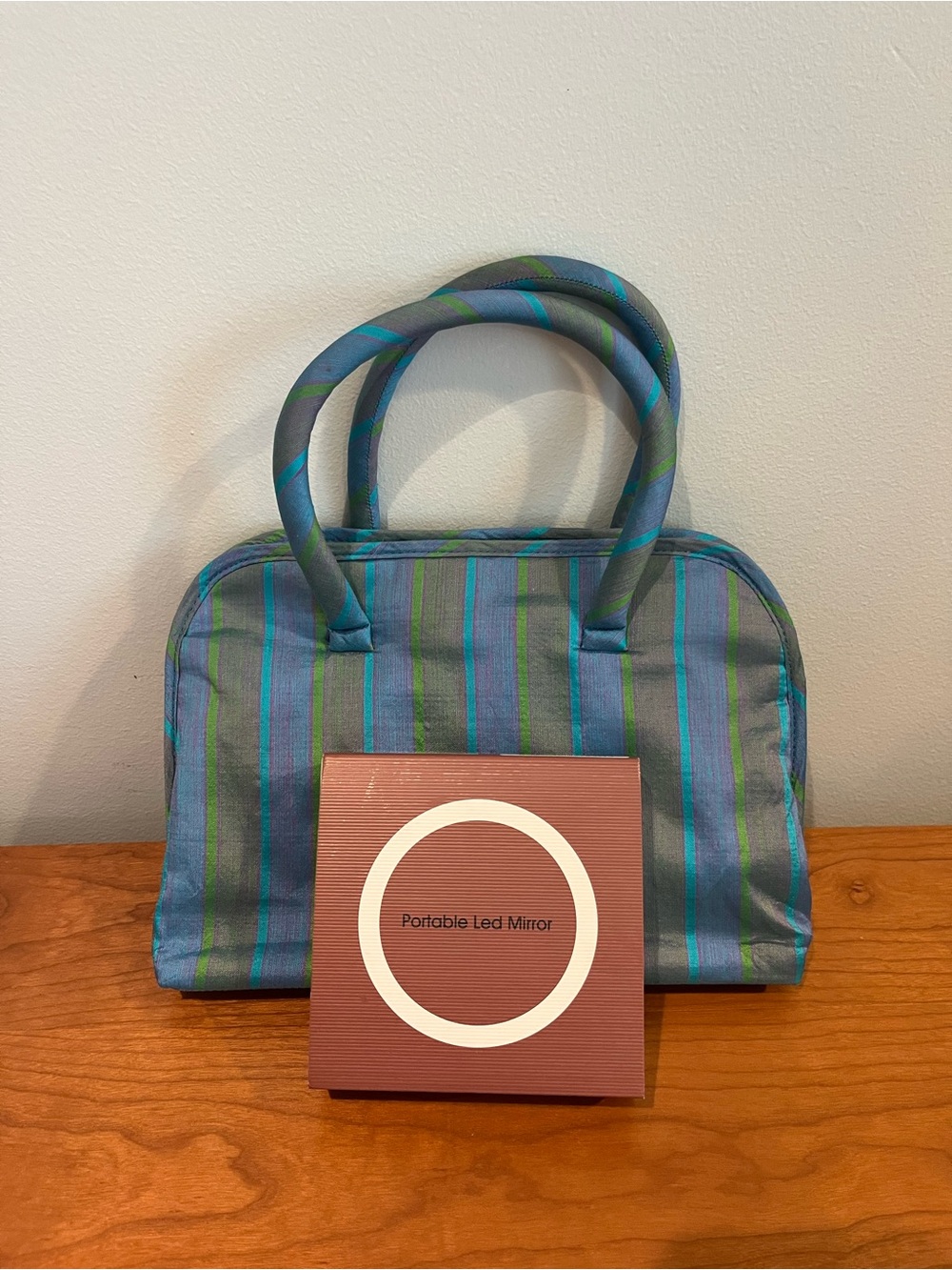 Striped Blue & Green Women’s Top-Handle Bag w/ portable LED Mirror